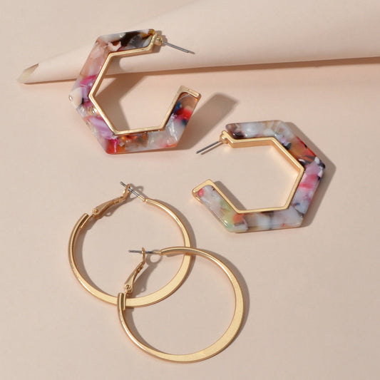 Boho Chic 2 pairs Multicolor Acrylic Square Circle Party Hoop Earrings