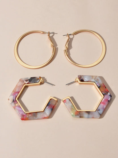 Boho Chic 2 pairs Multicolor Acrylic Square Circle Party Hoop Earrings