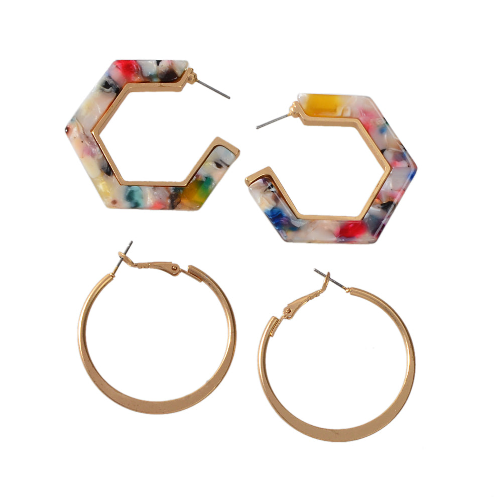 Boho Chic 2 pairs Multicolor Acrylic Square Circle Party Hoop Earrings